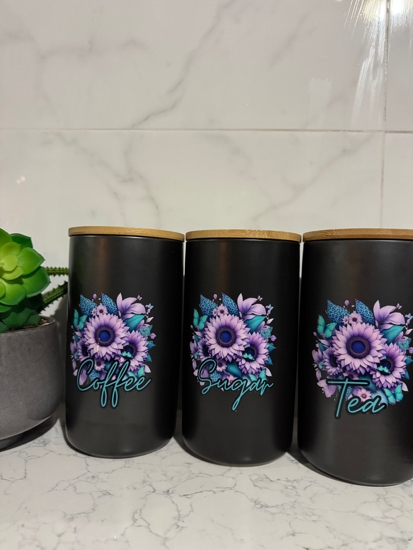 Purple Flowers 1.7L set of 3 Canisters