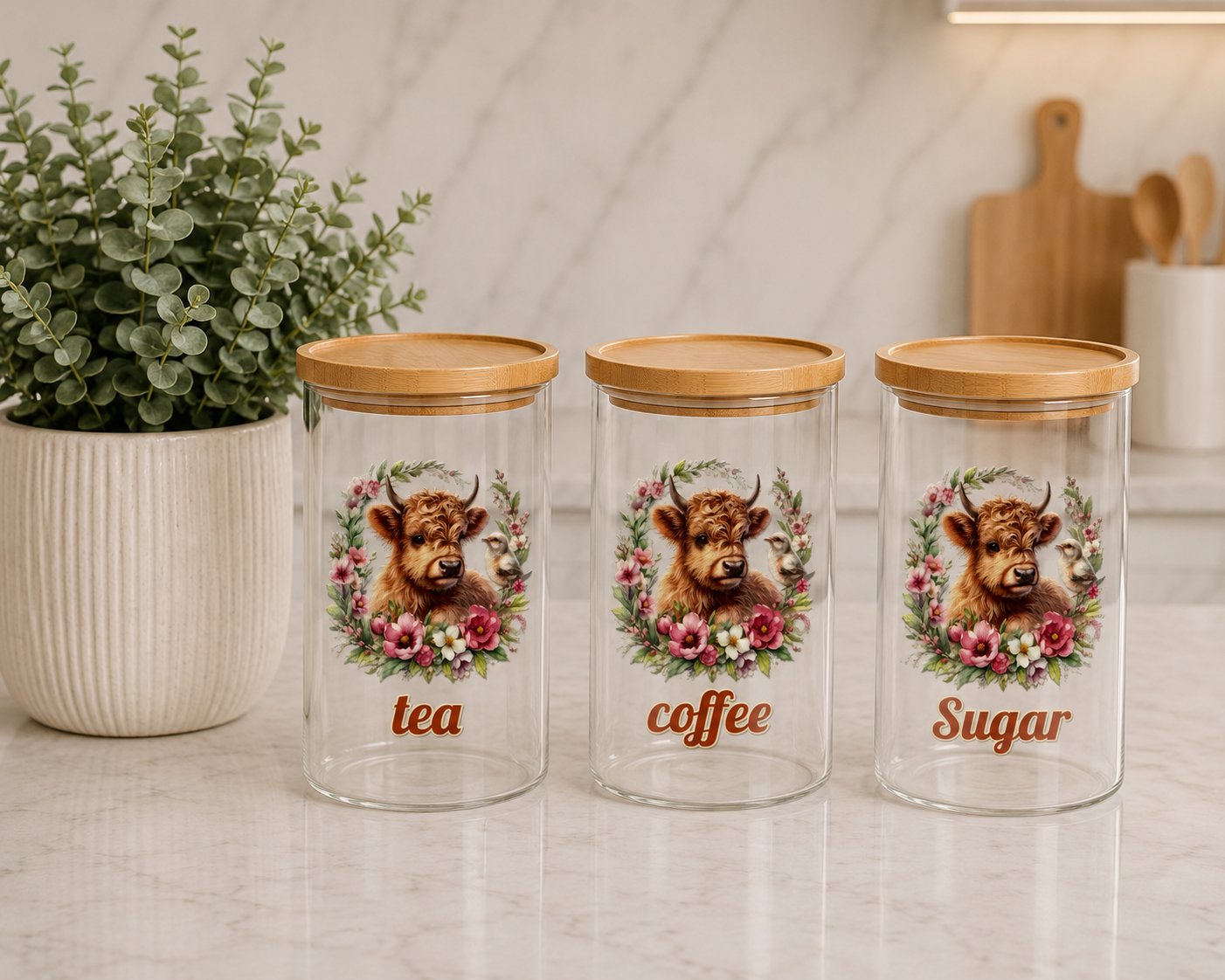Highland Cow Pink FlowerS 1.7L set of 3 Canisters