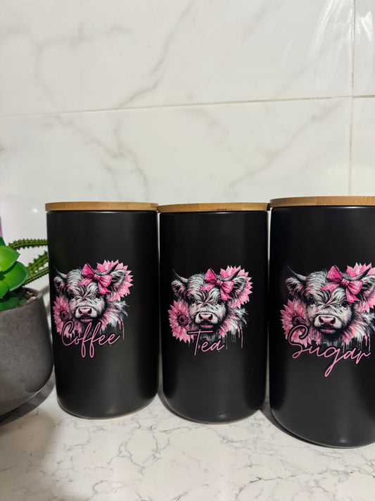 Pink Highland Cow 1.7L set of 3 Canisters