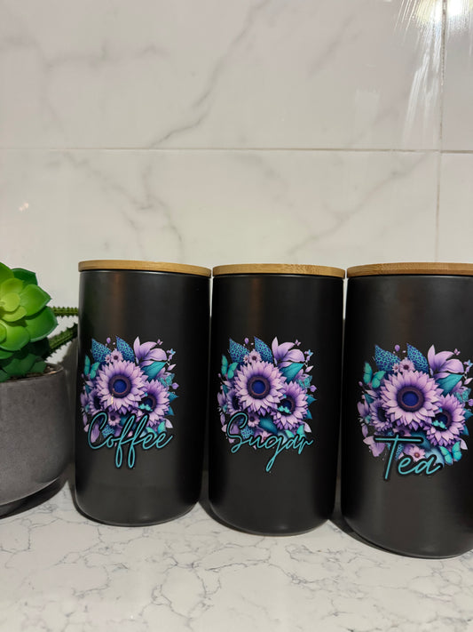 Purple Flowers 1.7L set of 3 Canisters