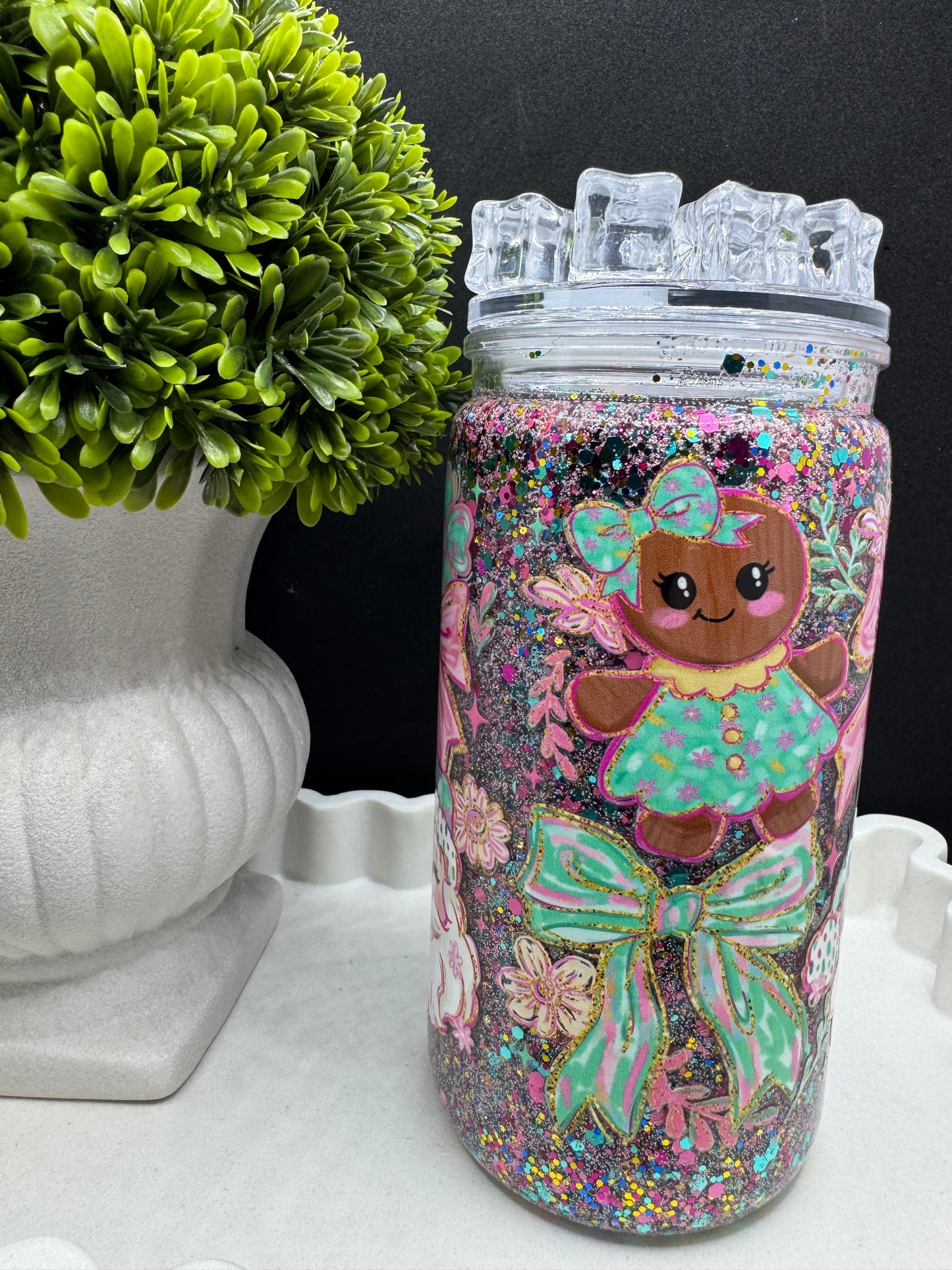 Pink Santa And Gingerbread Man 16oz Tumbler